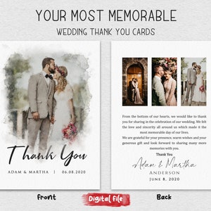 Carte de remerciement avec photo de mariage | Carte de remerciement de mariage Boho | Portrait à l'aquarelle | Merci de mariage moderne | Mariage minimaliste moderne