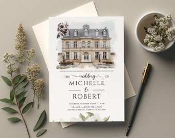 Watercolor Wedding Venue Invitation: Custom Church Portrait, Save The Date