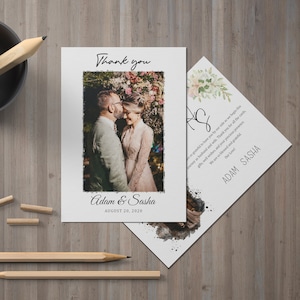 Cartes de remerciement plates 4 x 6 pour mariage avec photo, carte photo de remerciement, carte de remerciement recto-verso A6, cartes de voeux, portrait à l'aquarelle