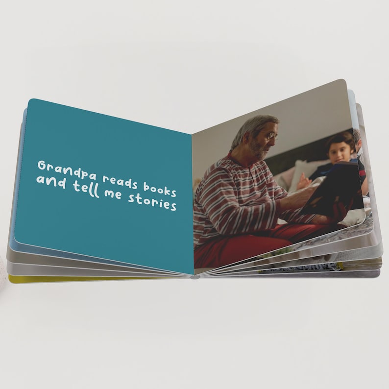 May include: An open children's book with the text "Grandpa reads books and tell me stories" on a teal page. The opposite page shows a photo of a grandfather reading to a child. The book is open on a white surface.
