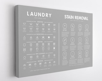 Letrero con símbolos de lavandería e instrucciones para quitar manchas en lienzo listo para colgar