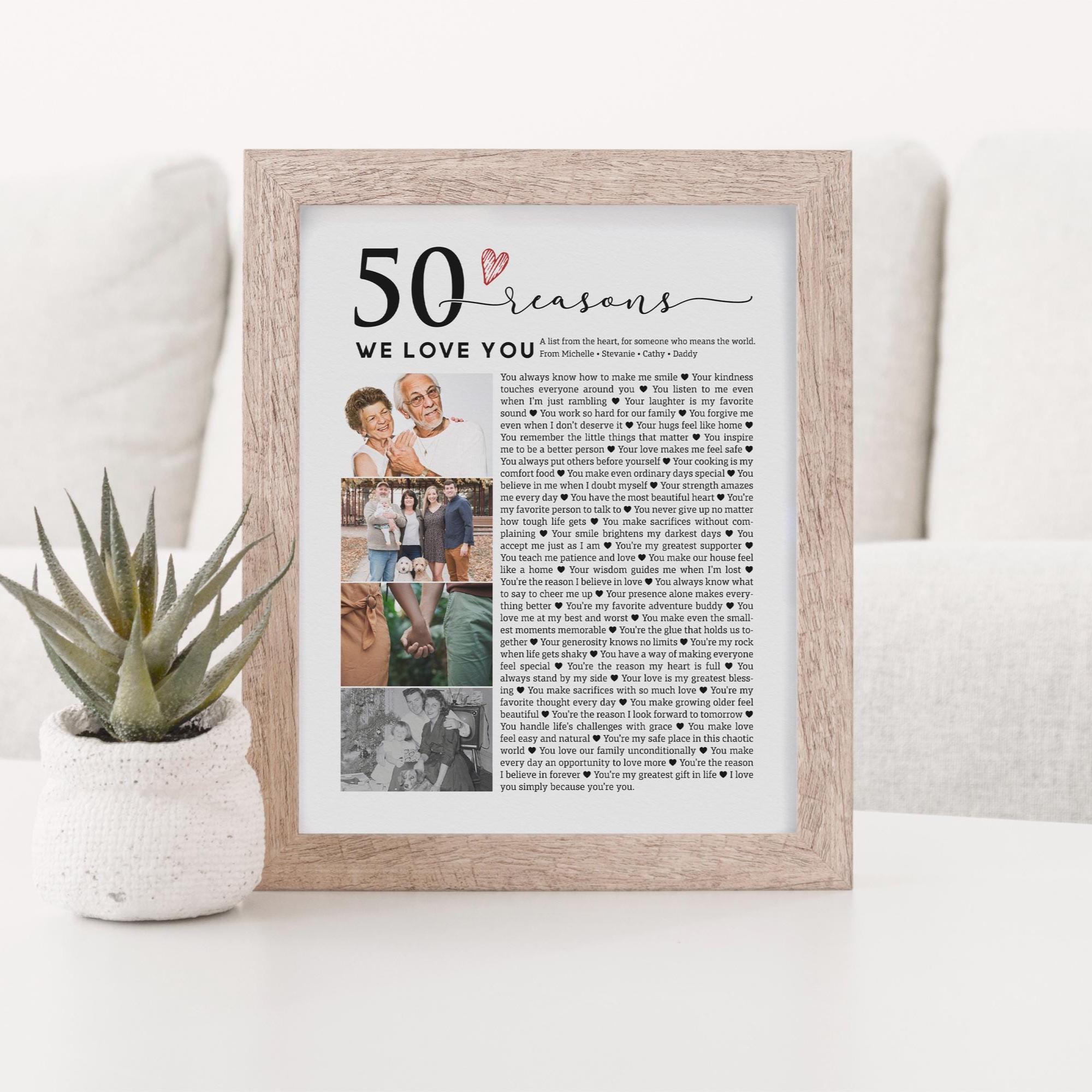 50 Reasons Why We Love You Personalized Gift - Custom Birthday Photo Collage - Framed Canvas Print for Father, Mother, Grandparents