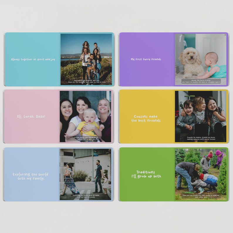 Custom first-year baby book with family photos, toddler-safe board book with personalized text