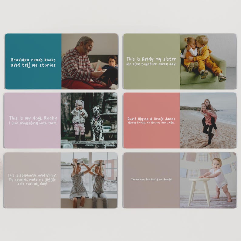 May include: A collection of six rectangular cards with photos and text. The cards feature family members, including a grandfather reading, children playing, and a baby. Text includes phrases like "Grandpa reads books" and "Thank you for being my family!"