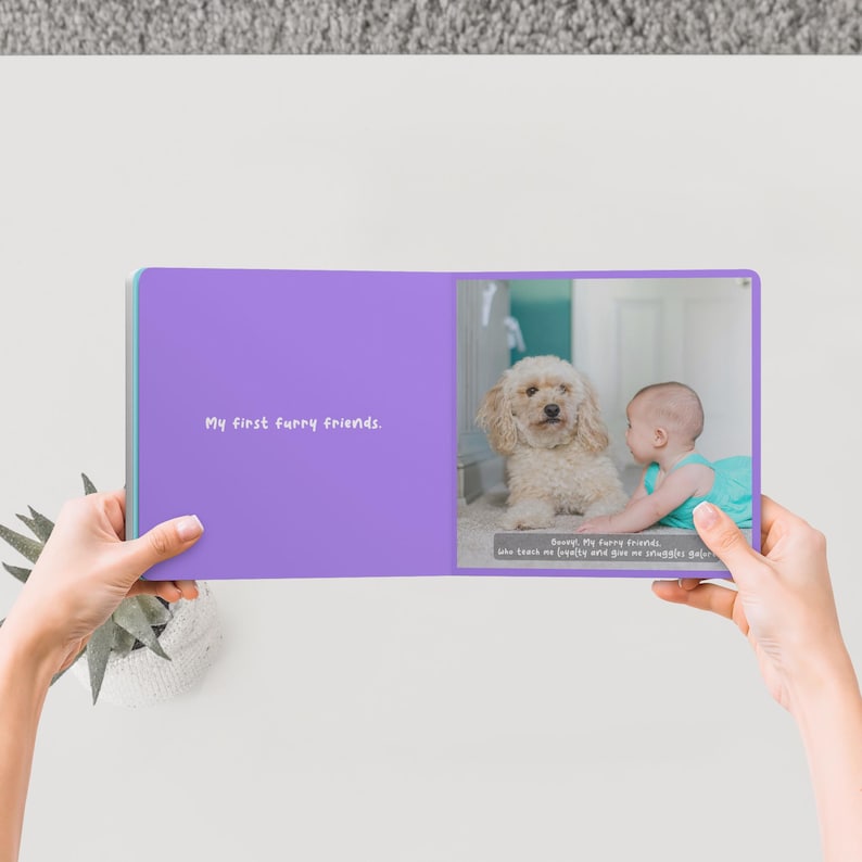 Family photo board book for baby, personalized with captions, custom baby memory book