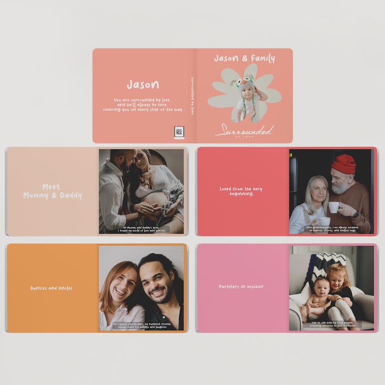 Personalized baby memory book with family photo captions, durable board book for infants