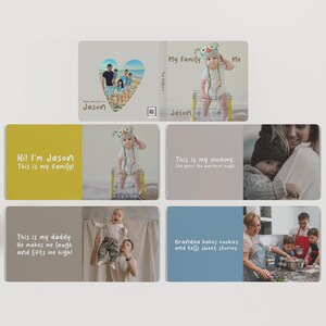 May include: A personalized photo book with family pictures. The cover features a heart-shaped photo collage and the name "Jason." Inside, there are photos with captions like "My Family," "This is my mommy," and "Grandma bakes cookies."