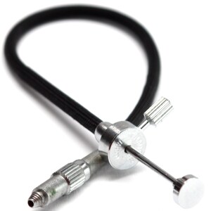 May include: A black flexible cable shutter release for a camera, featuring a silver metal plunger mechanism with a threaded tip and a locking screw. The device includes a circular metal housing with a textured grip and a smooth, flat button top.