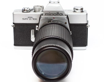 Minolta SRT 101 35mm Film Camera with JCPenney F4.5 80-200mm Zoom Lens For Parts Repair Decor Prop