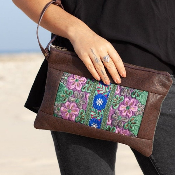 Bloom cherry hand embroidered designer vegan leather clutch bag main image 0