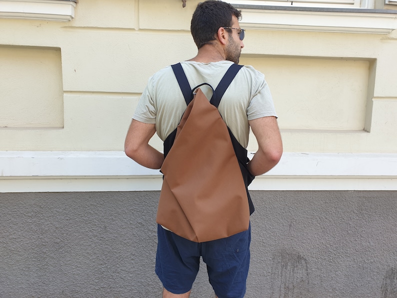 Backpack for Men, Backpack, Asymmetric Backpack, Brown Backpack, Minimalist Backpack, Origami Bag, Vegan Backpack, Convertible Backpack image 2