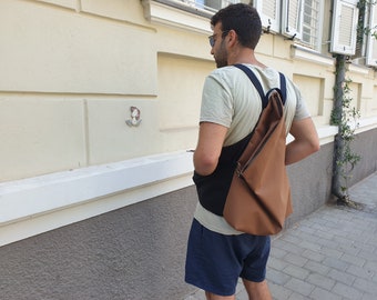 Backpack for Men, Backpack, Asymmetric Backpack, Brown Backpack, Minimalist Backpack, Origami Bag, Vegan Backpack, Convertible Backpack