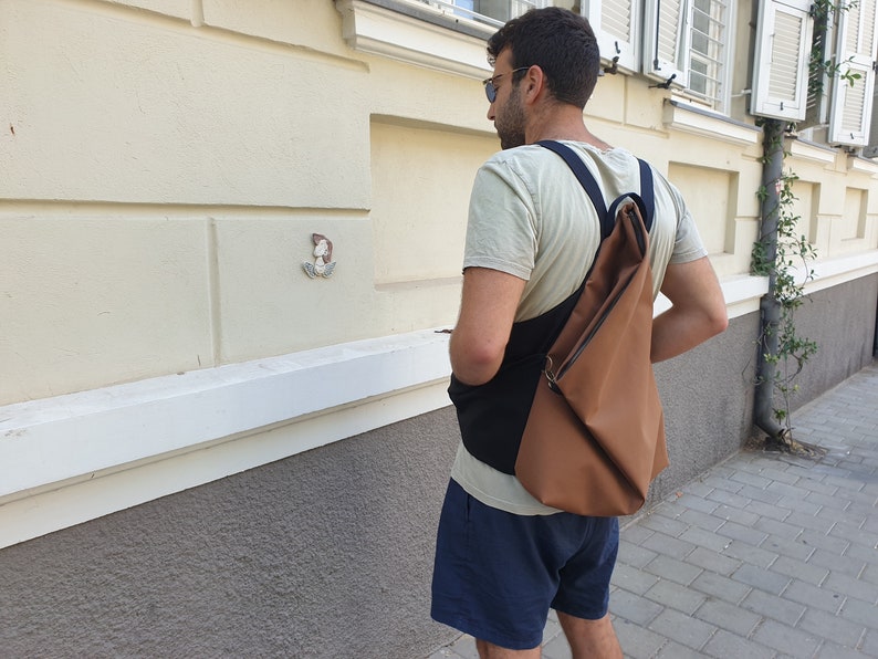 Backpack for Men, Backpack, Asymmetric Backpack, Brown Backpack, Minimalist Backpack, Origami Bag, Vegan Backpack, Convertible Backpack image 1