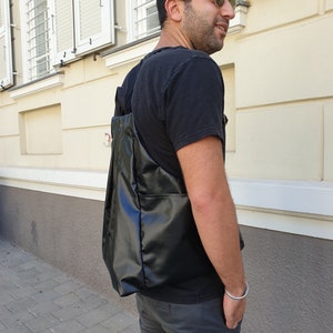Black Vegan Leather Backpack: Convertible Origami Style