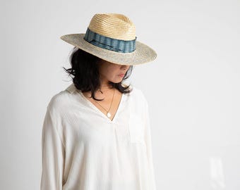 Shibori Panama Hat: Natural Straw Sun Hat with Linen Ribbon