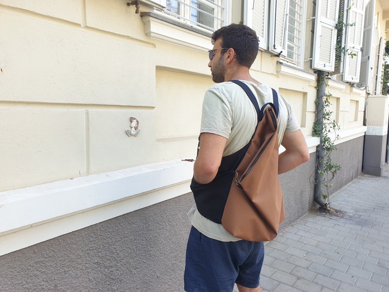 Backpack for Men, Backpack, Asymmetric Backpack, Brown Backpack, Minimalist Backpack, Origami Bag, Vegan Backpack, Convertible Backpack image 9