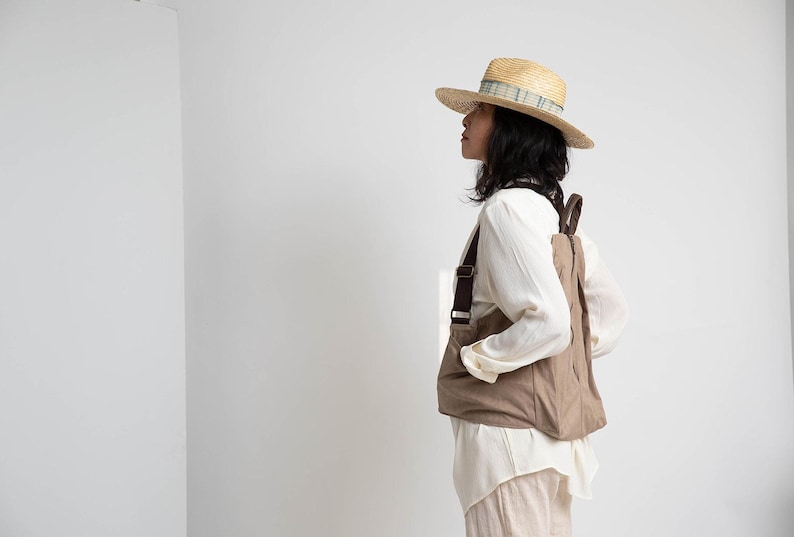 Zaino in tela vegana: zaino da viaggio da donna con tasche laterali Beige Cream