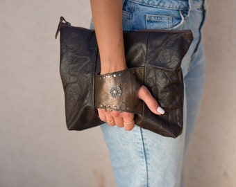 Clutch marrón // Clutch de piel // Cartera de piel // Bolso de piel negro // Monedero elegante // Monedero pequeño de piel // Minimalista