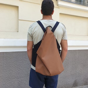 Backpack for Men, Backpack, Asymmetric Backpack, Brown Backpack, Minimalist Backpack, Origami Bag, Vegan Backpack, Convertible Backpack image 3