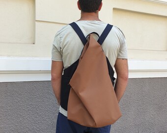 Backpack for Men, Backpack, Asymmetric Backpack, Brown Backpack, Minimalist Backpack, Origami Bag, Vegan Backpack, Convertible Backpack