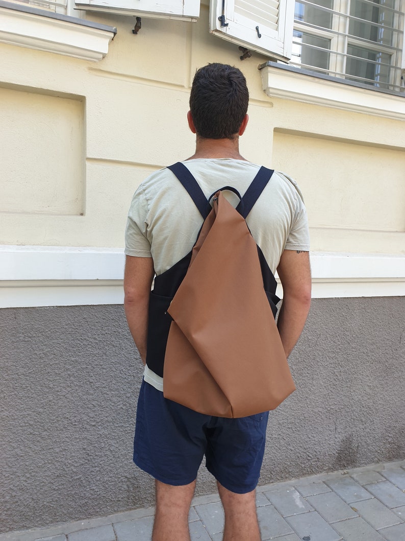 Backpack for Men, Backpack, Asymmetric Backpack, Brown Backpack, Minimalist Backpack, Origami Bag, Vegan Backpack, Convertible Backpack image 3