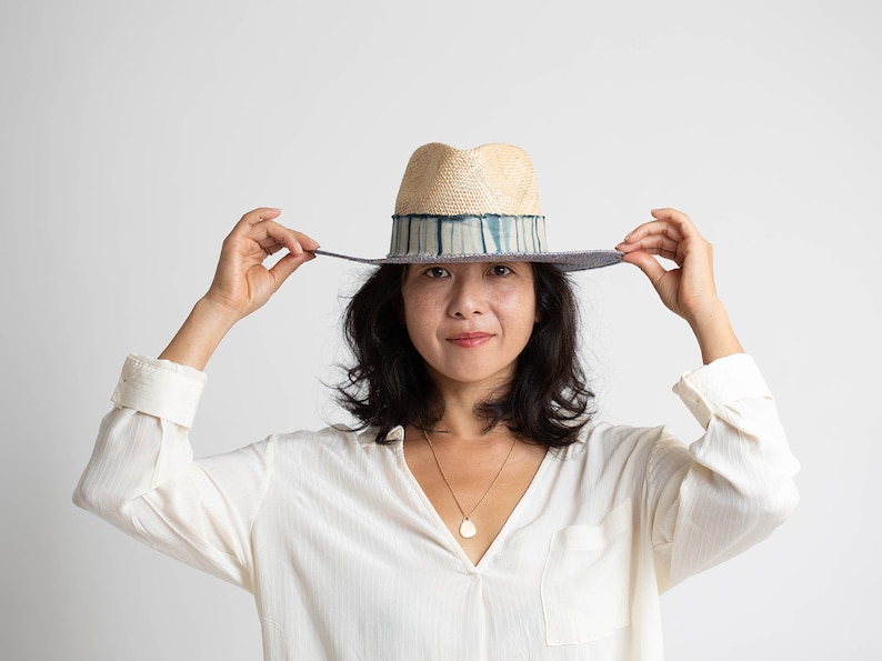 Fedora Straw Hat, Shibori Hat band, Panama Hats for Women, Sunhat, Trilby Straw Hat, Womens Sun Hat, Every day hat, Panama hat natural color image 1