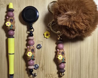 Capybara Keychain/ Pen / Retractable Badge Reel Set