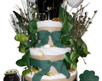 Lucky Diaper Cake, Pot of Gold Diaper Cake, Baby Shower Gift, Lucky Baby Gift, Baby Gift