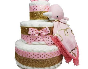 Girls Diaper Cake, Narwhal Diaper Cake, Nautical Diaper Cake, Baby Girl Gift