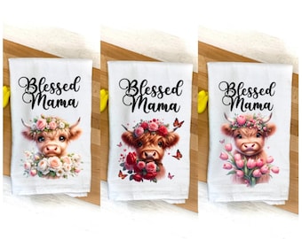 Kitchen Tea Towel, Blessed Mama Tea Towel, Cow Tea Towel, Tea Towel