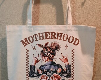 Motherhood Tote Bag, Canvas Reusable Bag, Rocker Mom Design