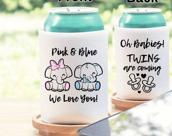 Baby Shower Can Coozie, Baby Shower Can Cooler, Twins Can Coozie, Pink And Blue Twins Can Koozies, Gender Reveal Party, Twins Can Koozies