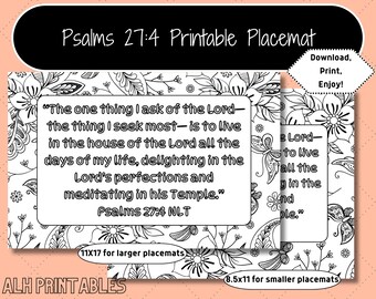 Psalms 27:4 Printable Placemat for Meal Times, Memory Verse Coloring Page for Kids, Scripture Memorizarion for Families, Bible Activity