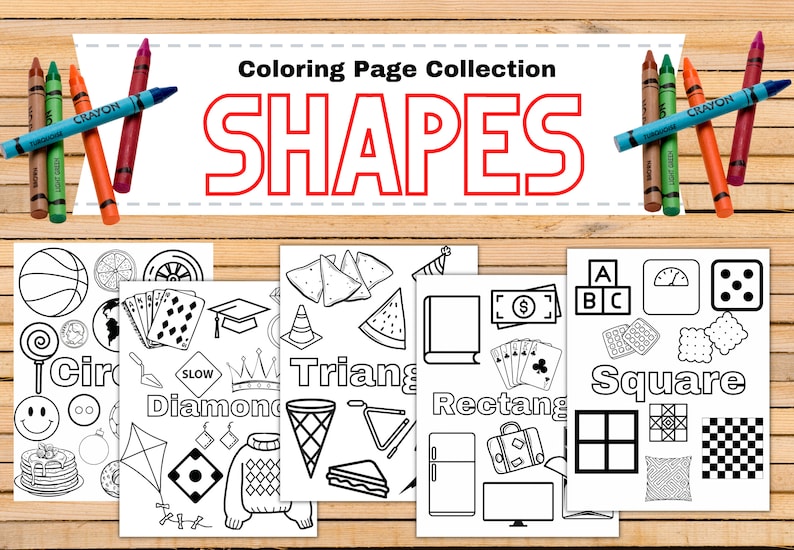 May include: Black and white coloring pages featuring different shapes, including circles, diamonds, triangles, rectangles, and squares. Each page includes a variety of objects that represent the shape, such as a basketball for circles, a crown for diamonds, a slice of watermelon for triangles, a suitcase for rectangles, and a window for squares. The pages are titled "Circle", "Diamond", "Triangle", "Rectangle", and "Square".