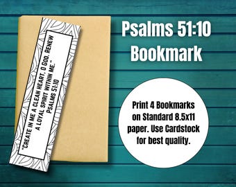 Printable Psalms 51:10 Bookmark, Coloring Page Bookmark for Kids and Adults, Coloring Book Mark Printable, Bible Verse Book Tracker