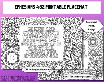 Ephesians 4:32 Printable Placemat for Kids and Adults, Memory Verse Activity, Adult Coloring Page, Meal Time Activities, Christian Family