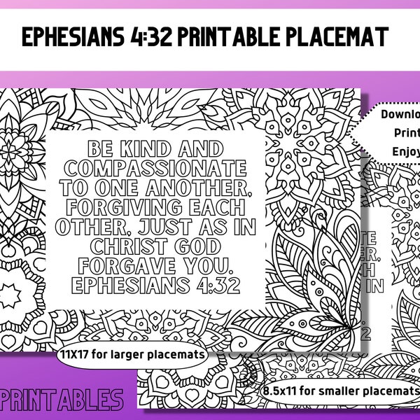 Ephesians 4:32 Printable Placemat for Kids and Adults, Memory Verse Activity, Adult Coloring Page, Meal Time Activities, Christian Family