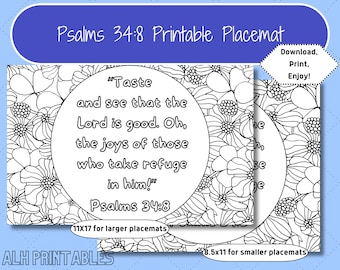 Psalms 34:8 Printable Placemat for Meal Times, Memory Verse Coloring Page for Kids, Scripture Memorizarion for Families, Bible Activity