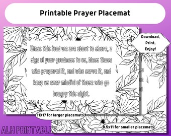 Printable Meal Time Prayer Placemat: Floral Coloring Page (Digital Download)