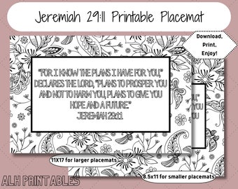 Jeremiah 29:11 Printable Placemat for Meal Times, Memory Verse Coloring Page for Kids, Scripture Memorizarion for Families, Bible Activity