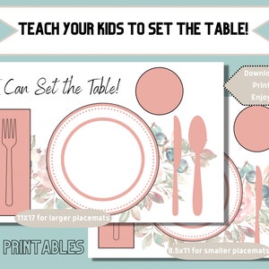 Printable Table Setting, Simple Placemat, Teach Your Kids to Set the Table, Montessori Place Setting,Simple Floral Table Scape, Independence
