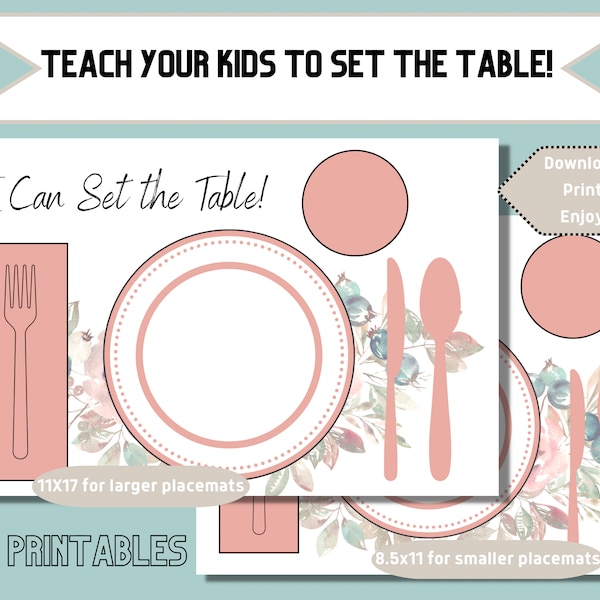 Printable Table Setting, Simple Placemat, Teach Your Kids to Set the Table, Montessori Place Setting,Simple Floral Table Scape, Independence