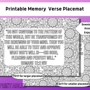 Könnte beinhalten: Schwarz-weißes, druckbares Tischset mit Mandala-Design und einem Bibelvers aus Römer 12,2: "Lasst euch nicht länger von dieser Welt formen, sondern lasst euch durch die Erneuerung eures Denkens verwandeln, damit ihr prüfen könnt, was der Wille Gottes ist, nämlich was gut, angenehm und vollkommen ist." Das Tischset ist in zwei Größen erhältlich: 28x43 cm und 21.5x28 cm.