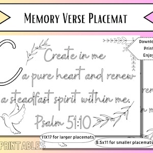 Op de afbeelding: Zwart-witte printbare placemat met de tekst "Schep in mij een rein hart en vernieuw een standvastige geest in mij. Psalm 51:10". De placemat heeft een gestileerde duif met een olijftak in zijn bek en bloemmotieven. De tekst "Downloaden, Afdrukken, Genieten!" staat in een spreekballon in de rechterbovenhoek. De placemat is verkrijgbaar in twee formaten: 28x43 cm en 21,5x28 cm.