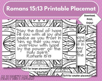 Romans 15:13 Printable Placemat for Kids and Adults, Memory Verse Activity, Adult Coloring Page, Meal Time Activities, Christian Family