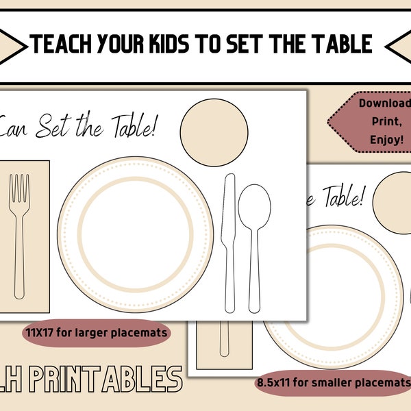 Printable Table Setting, Simple Placemat, Teach Your Kids to Set the Table, Montessori Place Setting, Simple Table Scape, Independence