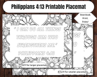 Philippians 4:13 Printable Placemat, Memory Verse Coloring Page for Kids, Scripture Memorization Meal Time Activity for Adults, I Can Do All