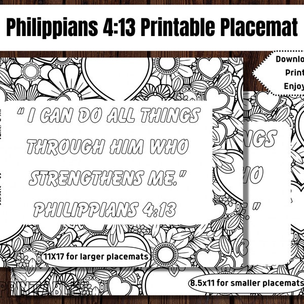 Philippians 4:13 Printable Placemat, Memory Verse Coloring Page for Kids, Scripture Memorization Meal Time Activity for Adults, I Can Do All