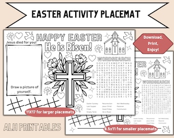 Printable Easter Activity Placemat, Religious Easter Placemat, Printable Coloring Page, Easter Coloring Pages, Meal Time Activities