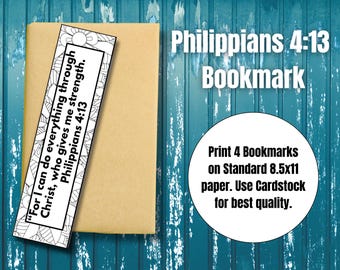 Printable Philippians 4:13 Bookmark, Coloring Page Bookmark for Kids and Adults, Coloring Book Mark Printable, Bible Verse Book Tracker
